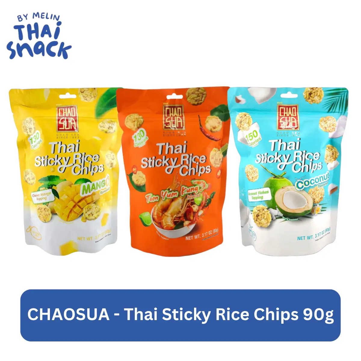 ChaoSua Thai Sticky Rice Chips 2-Pack (90g Each) - Crispy, Crunchy Flavorful Snack Pack, Low Calorie Crisps with Tom Yum Kung, Coconut, Mango Varieties, Asian Flavored Snacks