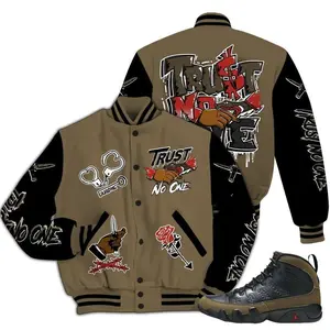 Dunkare Olive 9s Varsity Jacket, Trust No One Dripping All Over Print Letterman Jackets