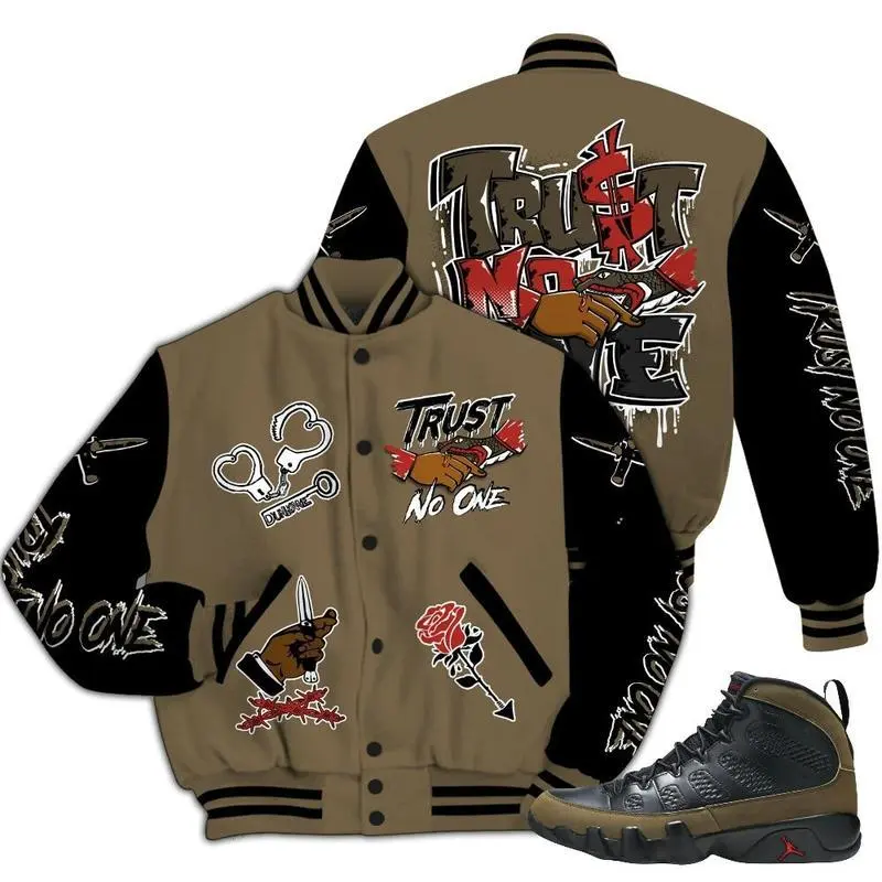 Dunkare Olive 9s Varsity Jacket, Trust No One Dripping All Over Print Letterman Jackets