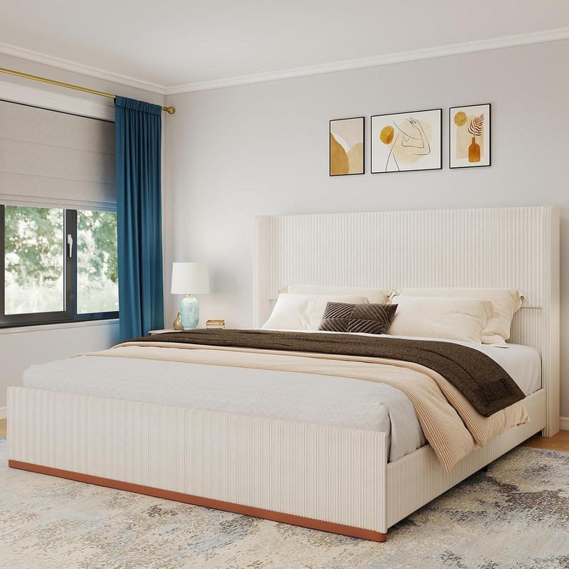 Queen Size Upholstered Bed Frame, Soft Corduroy Platform Bed with 47" Luxury Wingback Headboard, Solid Steel Slats Support, No Box Spring Needed, Noise Free, Easy Assembly, Cream