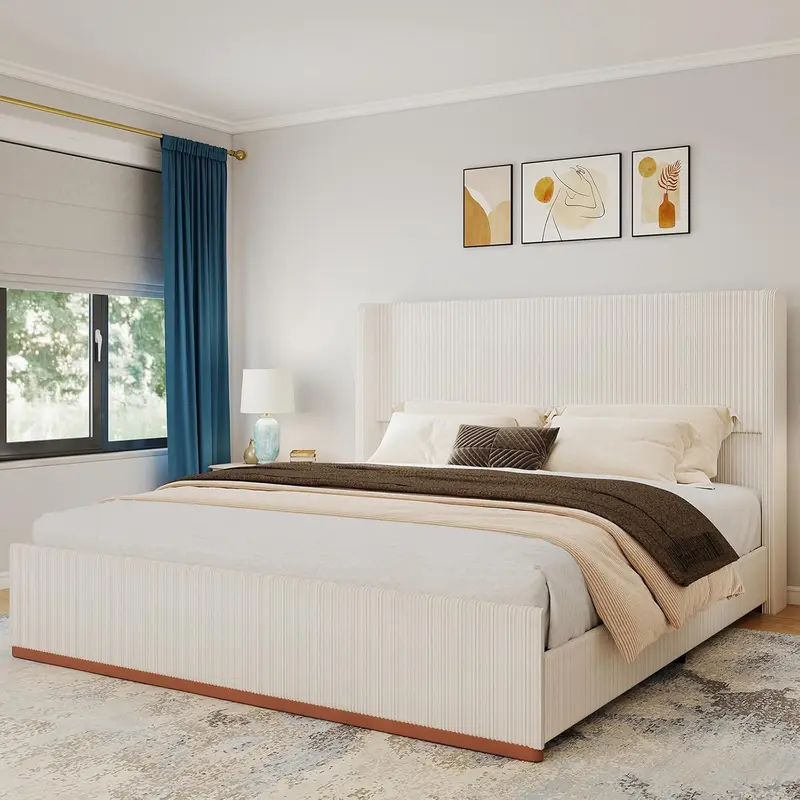 Queen Size Upholstered Bed Frame, Soft Corduroy Platform Bed with 47" Luxury Wingback Headboard, Solid Steel Slats Support, No Box Spring Needed, Noise Free, Easy Assembly, Cream