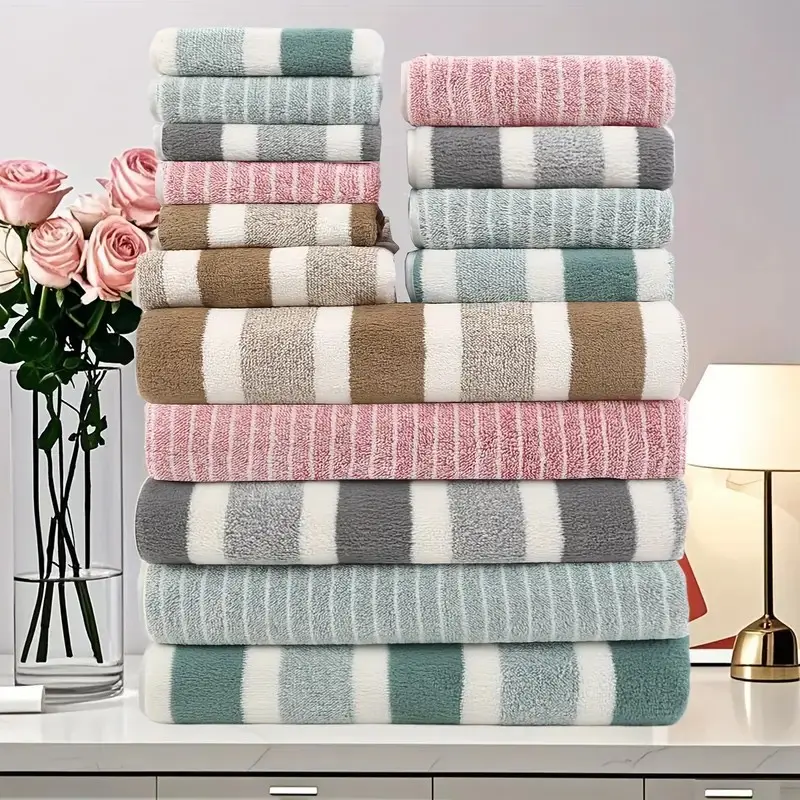 15pcs Soft Coral Towel Set, Square Towels, Super Water Absorbent Towel - Quick-Drying Absorbent, Lightweight, Suitable for Home, Hotel, Hot Spring & Outdoor Fitness & Camping, Various Striped Patterns and Colors Meet Family Needs
