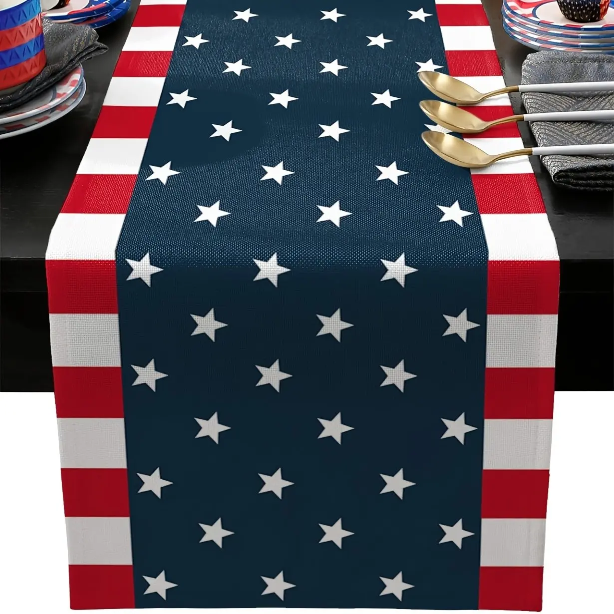 [4th of July Table Runner] 4th of July Table Runner | 1pc Linen Cloth with Horizontal Stripes & Jumbo Flag | Rectangular Kitchen Dining Decor with Modern Touch for Independence Day Party, Year-Round Use, Holiday Decor
