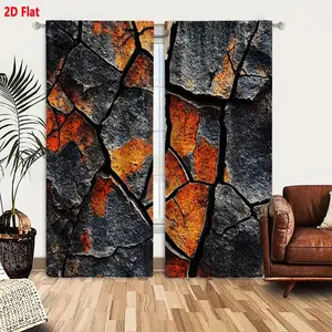 2D Flat  2 - Piece Curtain Set, Rustic Dark Gray Black Stone Crack Textured with Orange Rust Patches, Weathered Rough Surface Inspired, Light - Filtering Thermal Insulation Blackout Curtains for Bedroom Living Room, Stylish Home Decor