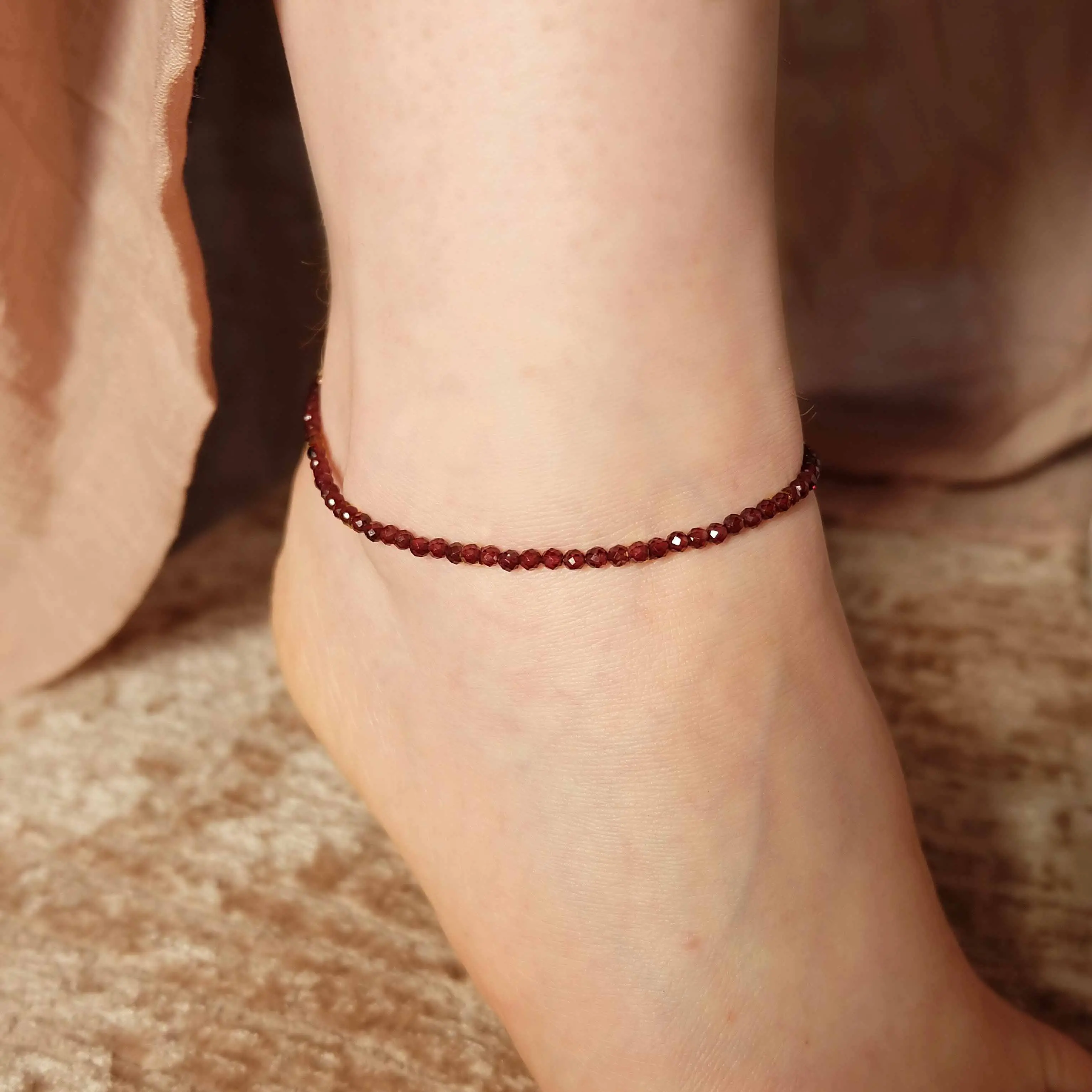 Natural Wine Red Garnet 2mm Beads Ankle Bracelet Healing Women Wealth Gemstone Handmade Sliver Chain Anklet Gifts
