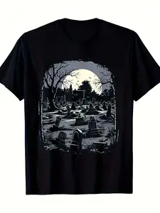Men's & Women's Spooky Graveyard Cemetery T-Shirt - Heavyweight 220G Pure Cotton Retro Gothic Halloween Shirt with Tombstone & Print, Round Neck Short Sleeve for Year-Round Wear