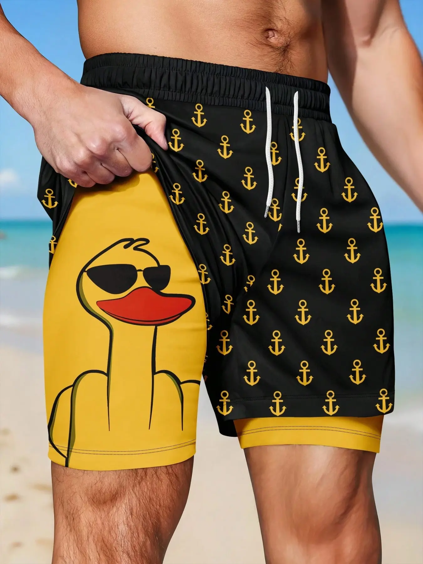 Men 2 in 1 Compression Swim Trunks Swimsuit Shorts Cool Sunglasses Duck Print Anchor Pattern Quick Dry Beach Shorts Swimming Shorts Drawstring Waist Summer Swimwear Anti Chafe Board Shorts For Vacation Surfing