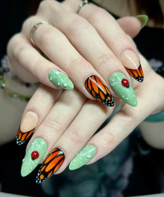Monarch Butterfly Press On Nails | Ladybug & Dew Drop Nature Nails | Green Almond Handmade Nails | Spring Garden Nail Set