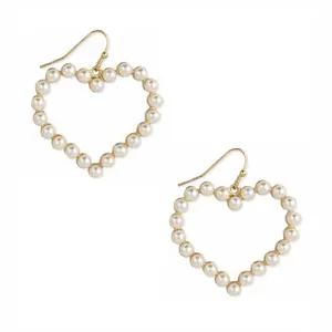 Sweetheart Simulated Pearly Beaded Heart Shaped Drop Earrings, Cream cool jewelry
