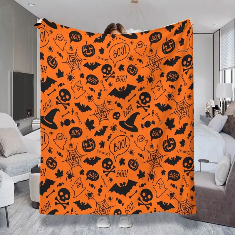 1pc Featuring Pumpkin, Bat, Spider Web, Skull and Skeleton, Candle,, Wizard Hat, Witch, Vampire, Werewolf, and Clown. Ideal for Magical Travel and Home Use. A Plush-textured Bed Warmer Blanket, Sofa Throw, or Dormitory Air-conditioning Cover