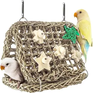 Seagrass Handwoven Bird Bed for Cage, DIY Parakeet Nest & Climbing Ladder, Breathable Bird Hammock Tent with Chewable Toys, Cozy Parrot Sleeping Hut for Small Medium Birds Like budgies Lovebirds
