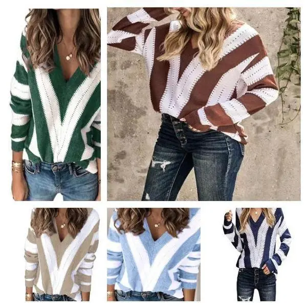 Women's Fashion Long Sleeve Striped Color Block Knitted Sweater Crew Neck Loose Pullover Jumper Tops