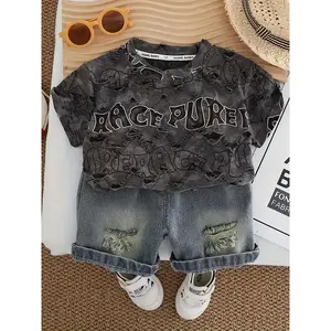 [Boys' Summer Set] Boys' Summer Clothes Set with English Hole Short Sleeves + Denim Shorts 2pcs set, Boys' Fashionable and Cool Casual Daily Versatile Suit, Perfect for Outdoor