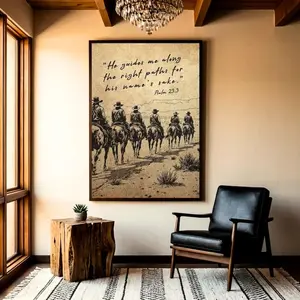 Psalm 23:3 Christian Print, Religious Cowboy Wall Art, Western Faith Poster, Right paths Scripture Art, Religious Inspirational  Poster No Frame