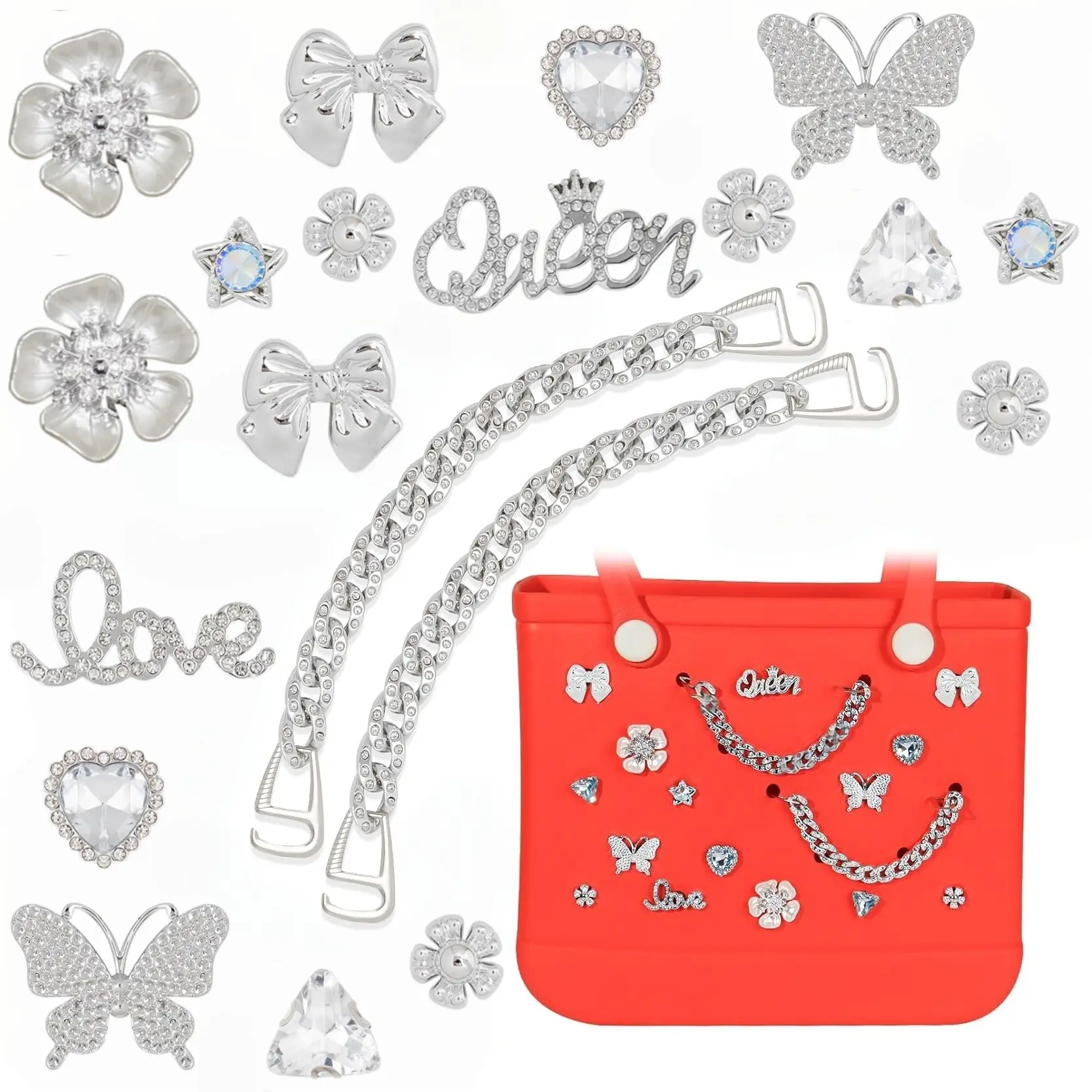 20Pcs Beach Bag Charms for Bogg Bags, Butterfly Flower Silver Chain DIY Accessories, Cute Decorative Charms for Rubber Tote Beach Bags, Women’s Bag Decoration