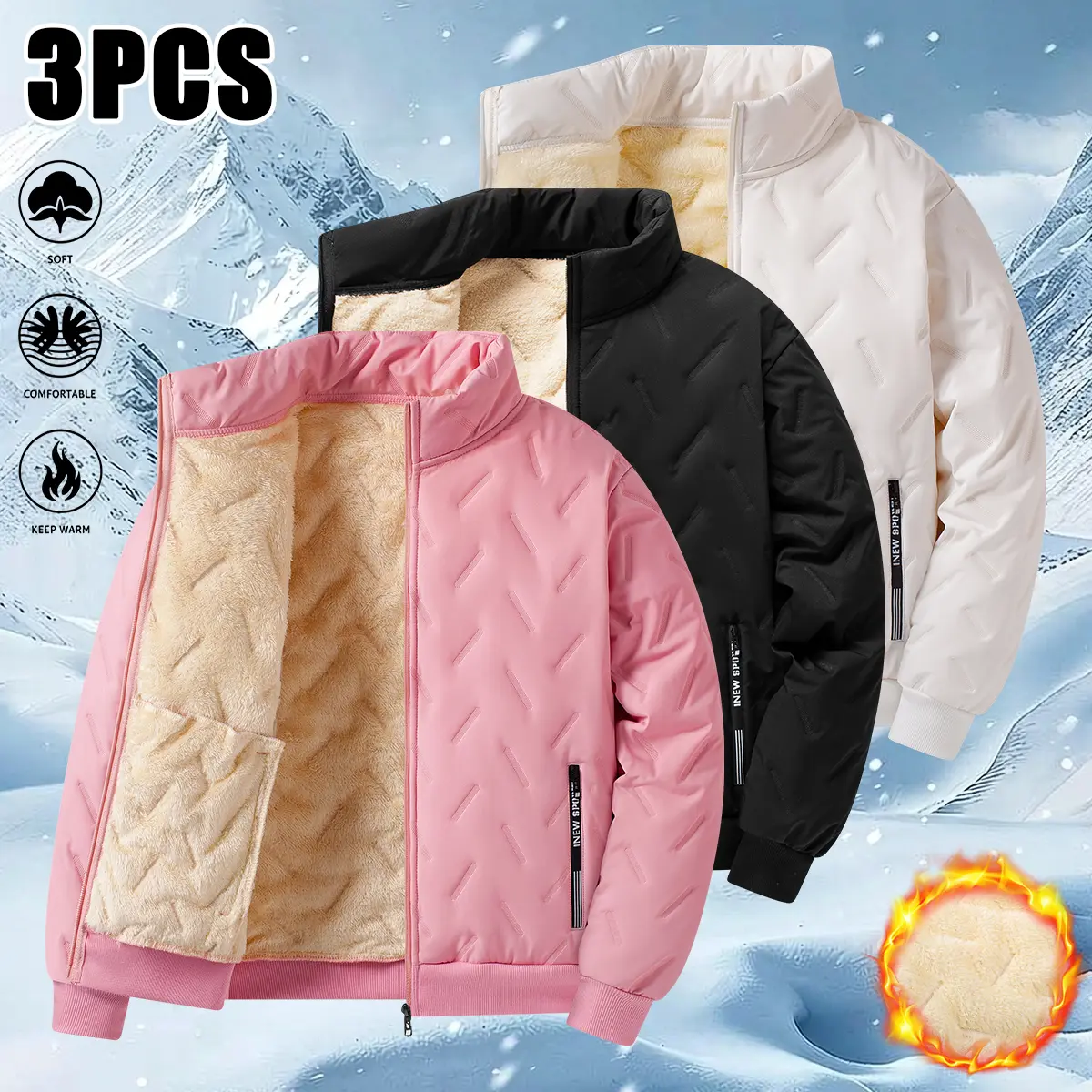 JOGWAVE 3PCS women’s fleece jackets, solid color design, fleece lining, thick and warm, suitable for outdoor sports, commuting, and everyday wear; women’s jacket, women’s cotton clothing, women’s outerwear, women’s apparel