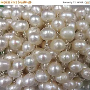 2FT 9-10MM Potato Shaped Cultured Freshwater Pearl Rosary Style Beaded Chain. Wire Wrapping Chain. Large Pearl Chain. Pearl Chain for Craft.