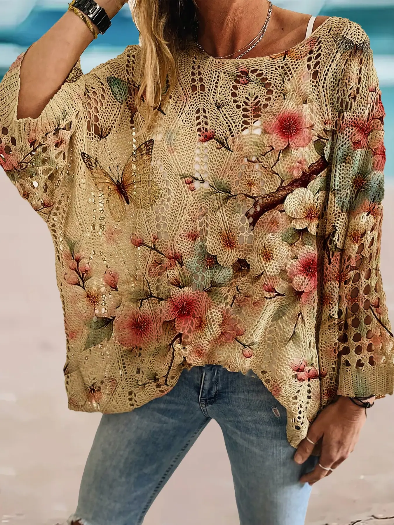 Spring Summer Round Neck Hollow Out Batwing Sleeve Knit Sweater, Floral Print Loose Vacation Style Hoodie, Casual Elegant Commuter Wear