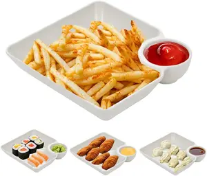 4 count Chips and Salsa Serving Dish Plates, Veggie Platter Dipping Serving Trays with Sauce Rack for Buffet Family Party Appetizer Sushi Taco Salsa Charcuterie Barbecue Plate,  (White 4 count)