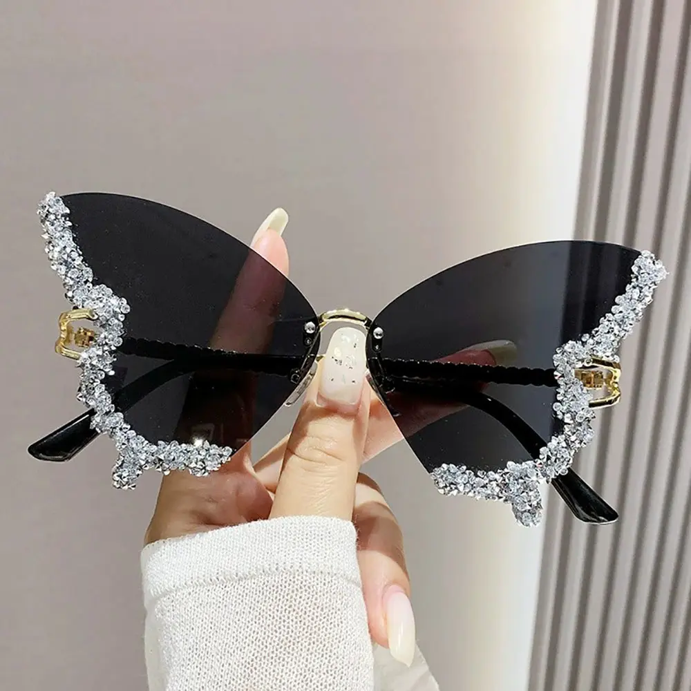 1pc Trendy Diamond Butterfly Shape Sunglasses, Rimless Crystal Rhinestone Eyewear, Women Holiday Beach Party Fashion Sun Glasses
