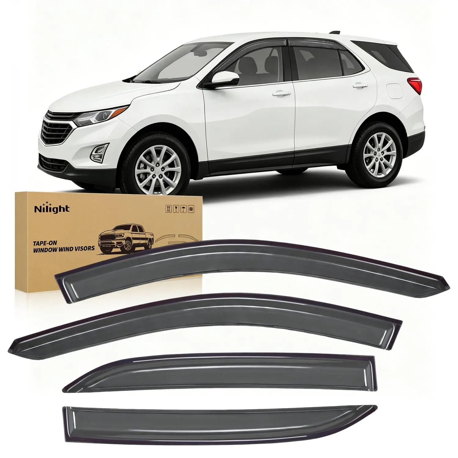 Nilight 4PCS Tape-On Window Visors Rain Guards for Chevy Equinox 2018-2024, Outside Mount Side Window Deflectors Vent Shades, Smoke Tinted, for Comfortable Driving & Fresh Air Flow