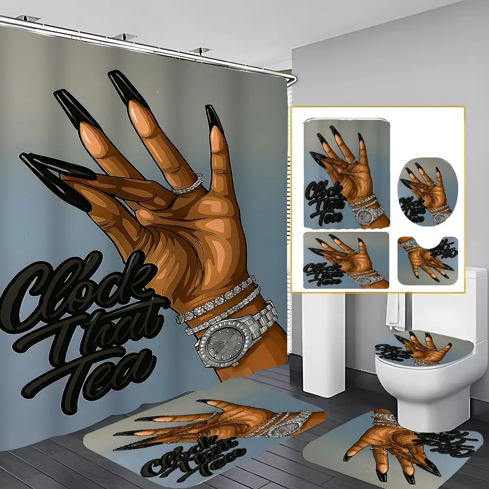 4 Pcs Bathroom Curtain Sets with 12 Hooks, Shower Curtain Set For Bathroom, Long Nails Hand Waterproof Mildew Proof, Toilet Lid Cover, Non-Slip Bathroom Rugs and U Shape Bath Mat, Modern Deco