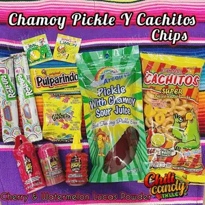 Arcoiris Chamoy Pickle with Cachitos Chips, Watermelon Lucas Powder, Cherry Lollipop Lucas Powder, Red Chamoy Liquid Lucas, Fruit Roll Ups, Gushers, Pulparindo Candy, Limon 7 & Pica Limon packets Chili Candy Snack Kit