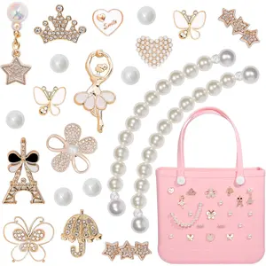 Charms for Bogg Bag, Pearls Butterfly Flowers & Chain Cute Decorative Pearl Charms Accessory Compatible with Rubber Simply Southern Beach Bag, Insert for Beach Tote (21 Pcs)
