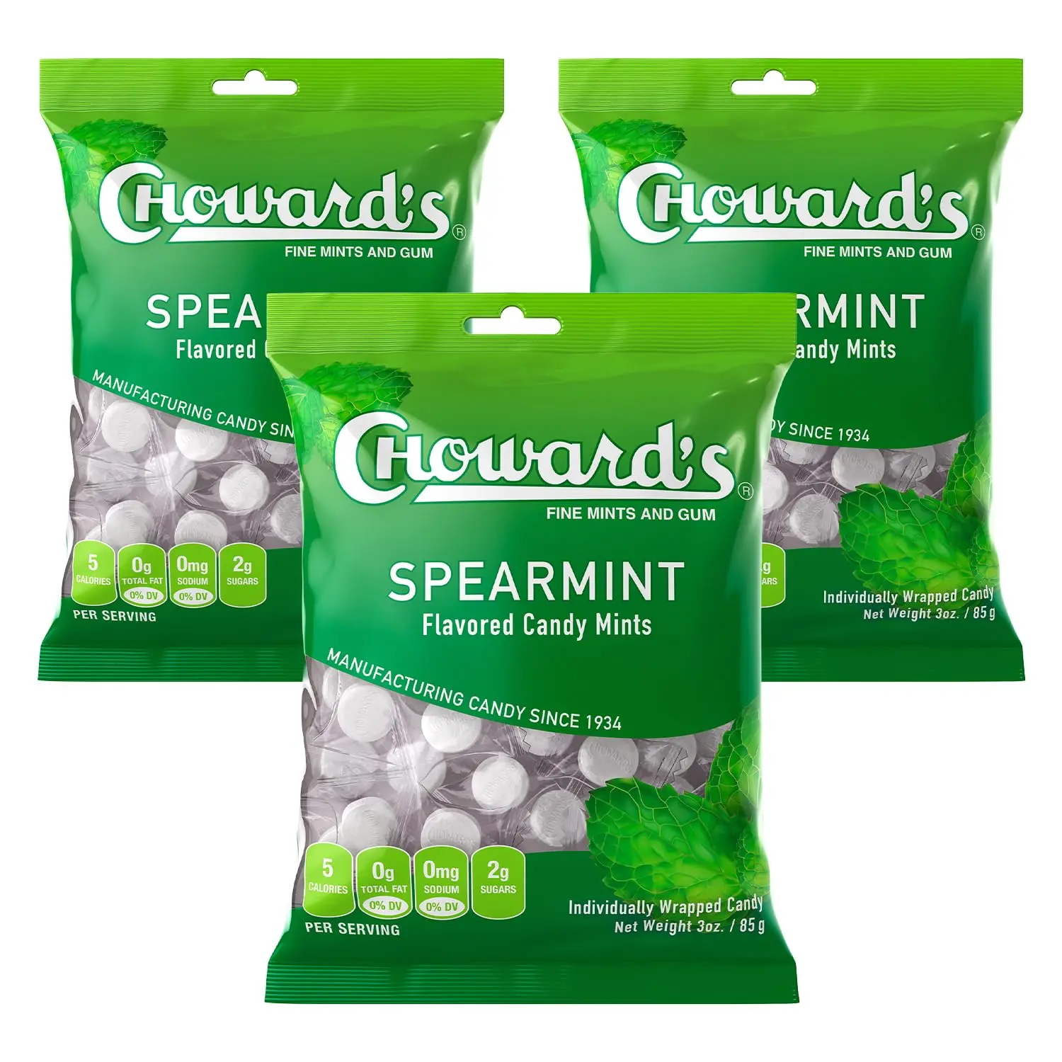 Choward's Spearmint Candy Bags, Unique Aromatic Flavors for Everyday Freshness, Perfect for Travel, Sharing & Gifting, Distinctive Taste in Convenient Packaging, 49 Individually Wrapped Mints, 3-Pack