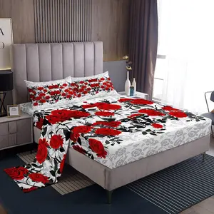 Feelyou Red Rose Floral Pattern Sheet Set - Soft Breathable Microfiber Bed Sheets, Easy Care Romantic Botanical Bedding for Women, Valentine's Day Gift