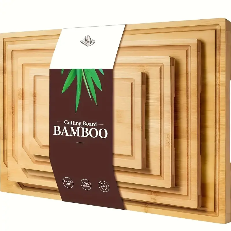 4-piece extra-large bamboo cutting board set with drip tray design, durable cutting boards suitable for meat, vegetables, and fruits. Mother’s Day/Father’s Day gifts, essential kitchen tools for family and friends, fruit slicer, extra-large cutting board,
