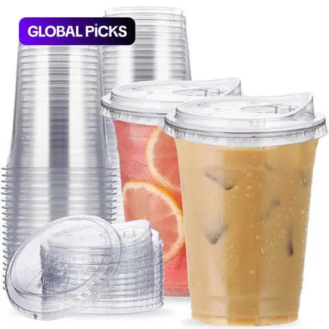 16-Ounce Recyclable Iced Coffee Cups with Lids, Transparent Disposable (No Straw), Plastic Drink Cups, Ideal for Parties, Weddings and Events #GLOBAL PICKS
