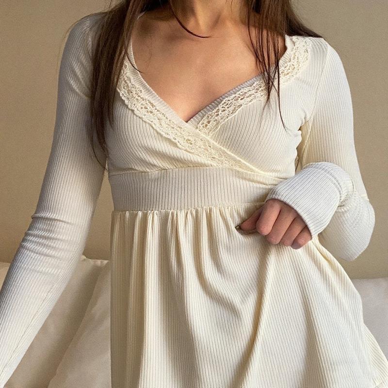 Women's Vintage Lace Trim V-Neck Long Sleeve Ribbed Peplum Top - Elegant Casual Babydoll Blouse