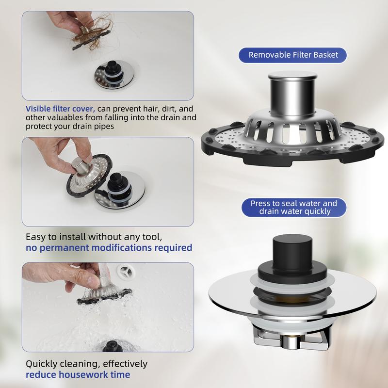 Hibbent Bathtub Drain Stopper with Visible Top Hair Catcher, Innovative 3 in 1 Pop-up Bathtub Strainer Fit for Standard 1.5 to 2.4in Drain Hole, with Detachable Stainless Steel Filter Basket, Chrome