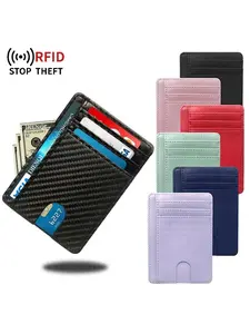 Ultra Thin Credit Card Holder Pu Leather Slim Wallet RFID Blocking Carbon Fiber Minimalist Cardholder Smart Wallets for Men, Big Capacity, 8-Slots, Casual