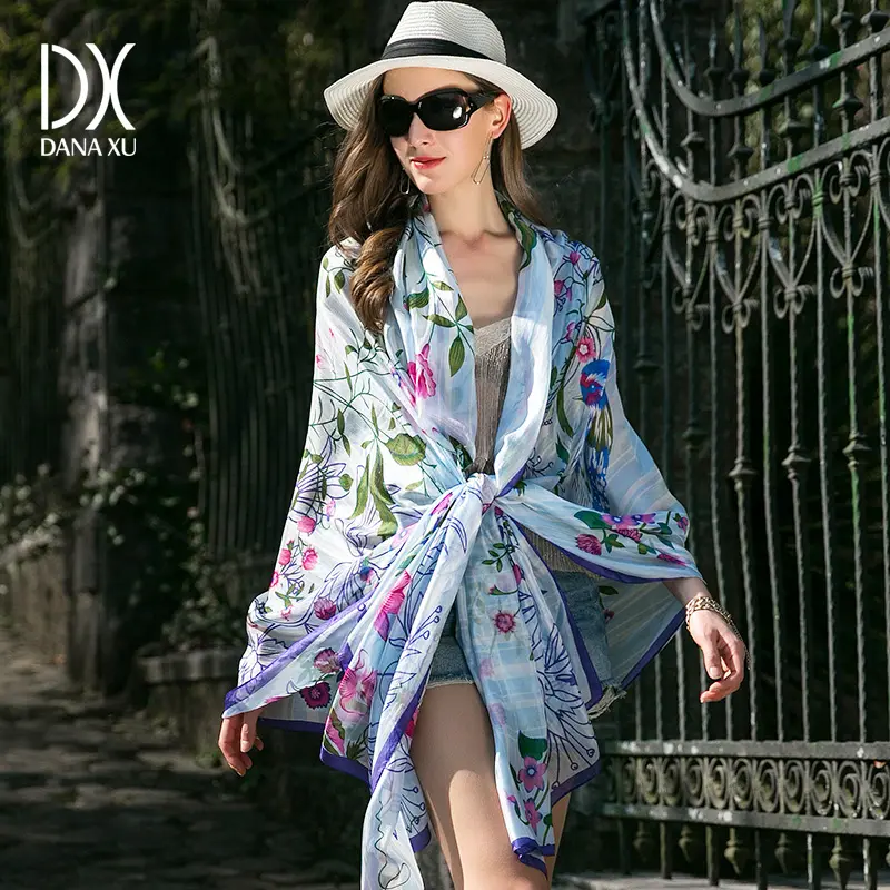 DANA XU 100% Mulberry Satin Silk Summer Travel chunky Scarf Extra Large Women Floral Shawl Oversize Soft Wraps For Evening Dresses