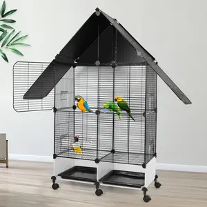 Iron Large-Size House-Shape 2-Tier Bird Cage with Rolling Stand, Lock System, Spacious Area for Canary, Finch