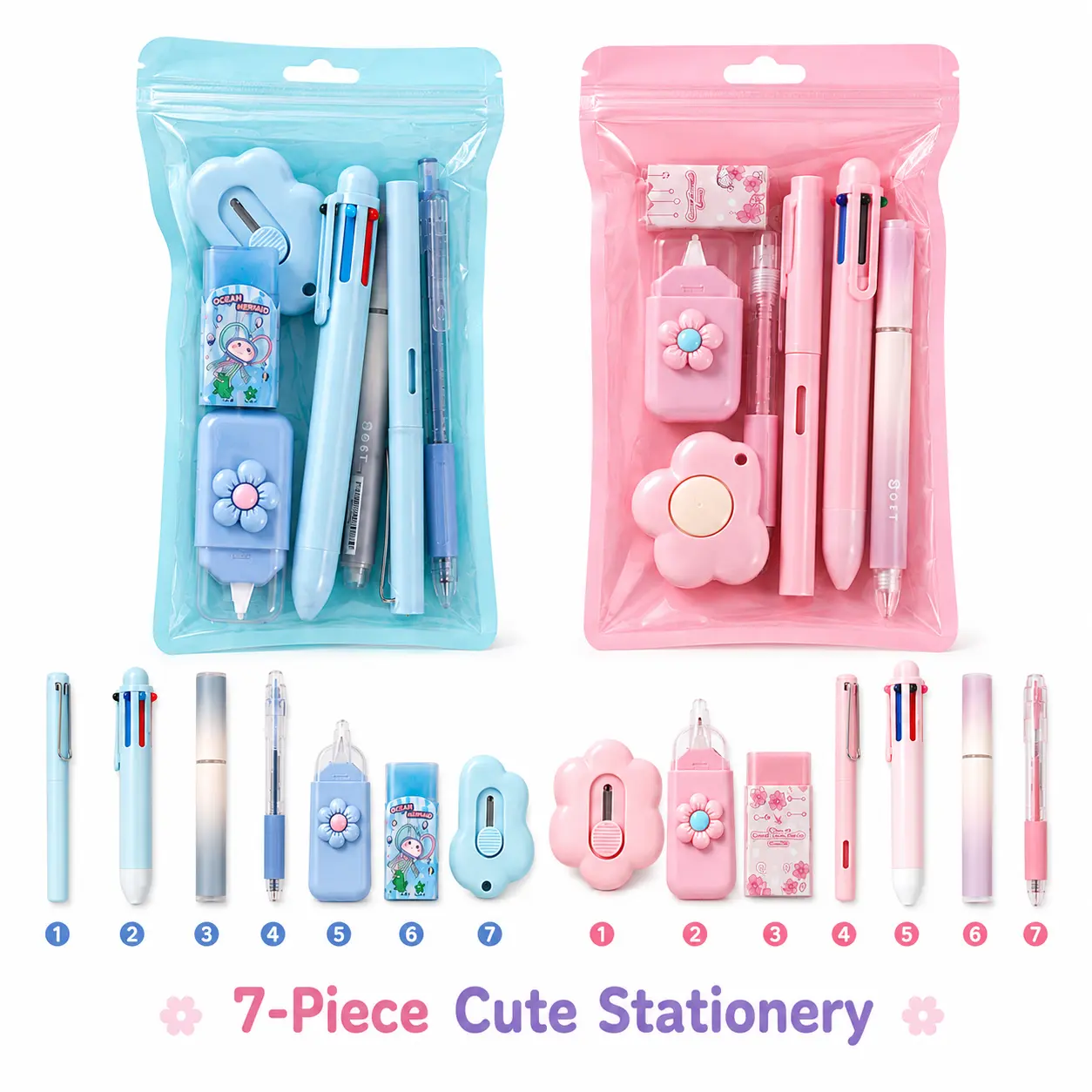 7-Piece Kawaii Cute Stationery Set, Office Desk Supplies with Multicolor Ballpoint Pen, Clear Gel Pen, Marker Highlighter, Correction Tape, Eraser, Sharpener for Home Office durable professional easy writing tool minipens, Journal Kit Set,