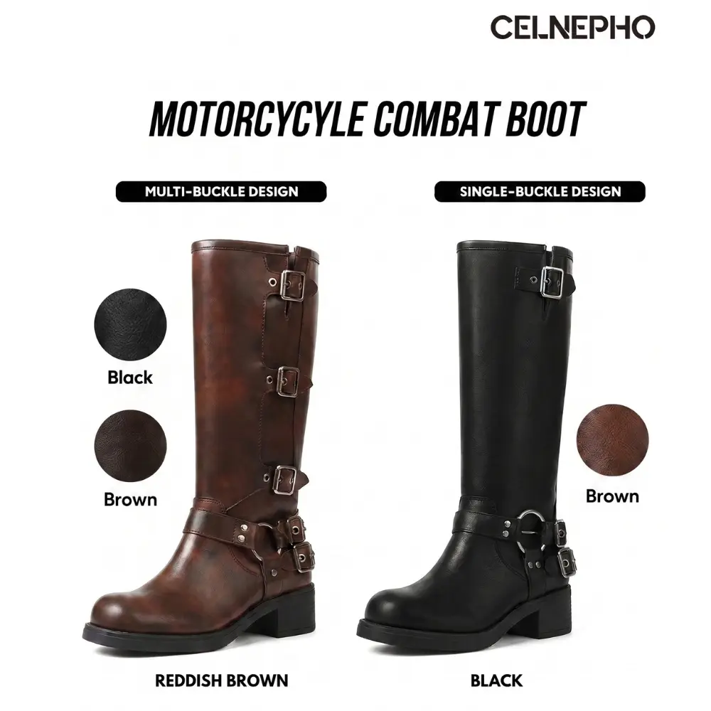 CELNEPHO Motorcycle Combat Boots for Women Round Toe Chunky Block Vintage Heel Metal Buckle Design Comfy Easy Pull on Rocky Boots Gift Party Date Bike Riding Gothic Work Casual Long Tall Punk Summer Footwear Fashion Dress Shoes