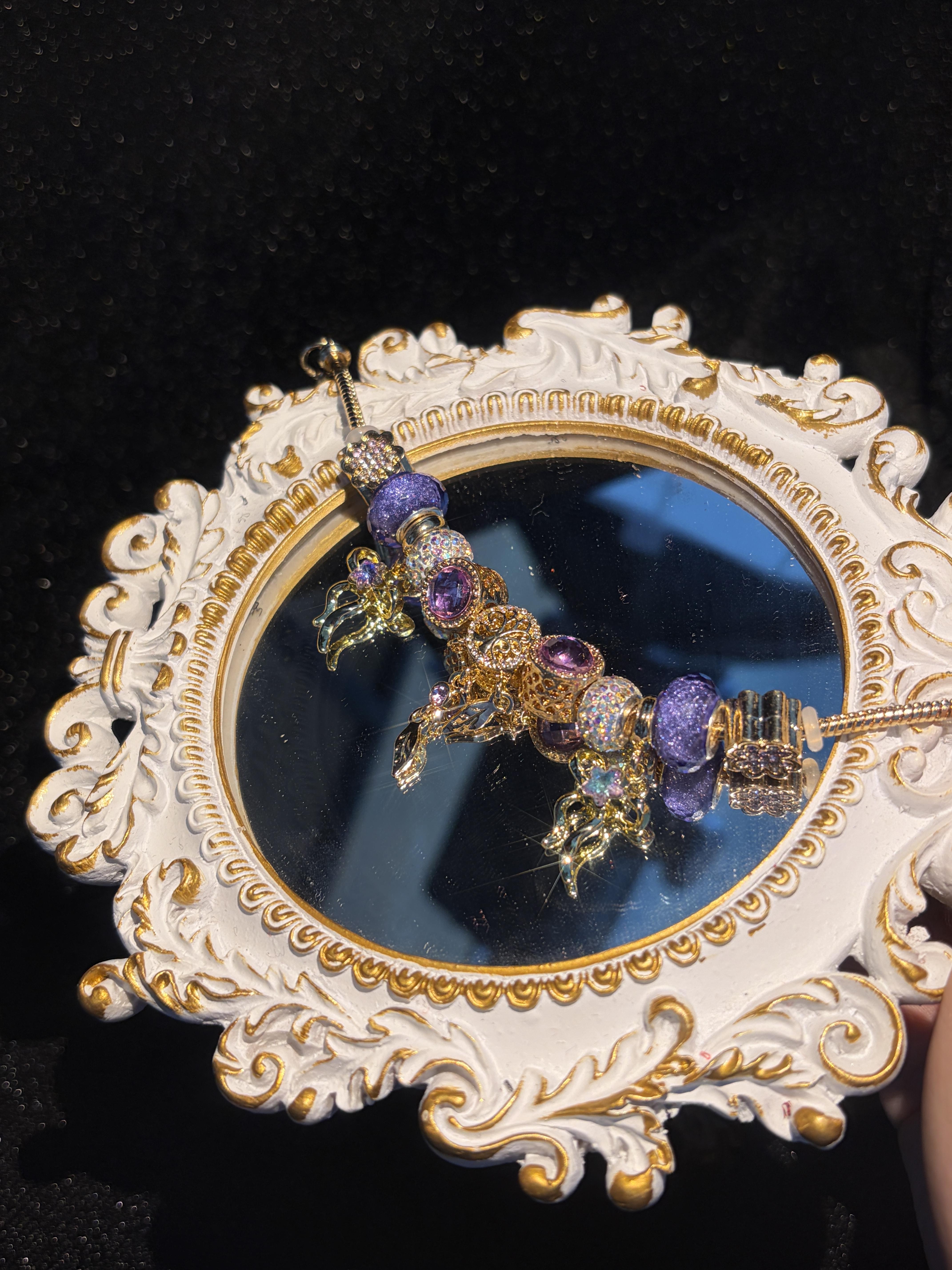 Women's Elegant Ornate Hollow Leaf Floral Dangle Charm Bracelet - Gold-Tone Snake Chain, Purple Crystal, Glitter Beads - Fashion Costume Jewelry Gift Women's Elegant Ornate Hollow Leaf Floral Dangle Charm Bracelet - Gold-Tone Snake Chain, Purple Crystal, Glitter Beads - Fashion Costume Jewelry Gift