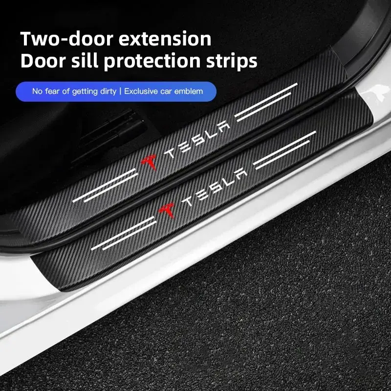 4Pcs Car Carbon Fiber Door Sill Sticker Anti-Scuff Plate Anti-Scratch Protective For Tesla Model 3 Model S Model X Model Y Cybertruck Roadster SpaceX Car Decals Car Stickers Decals For Vehicles Automotive DecalsGift.