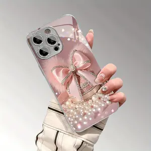 Sweet Luxury Pink Rhinestone Pearl Pompom Gift Box Pattern Plated Glass Phone Case with Lens Protection for iPhone 17 16 15 14 13 12 11 X XS XR Pro Max Plus Air Collection, Ideal Birthday or New Year's Gift for Friends, Family and Loved Ones