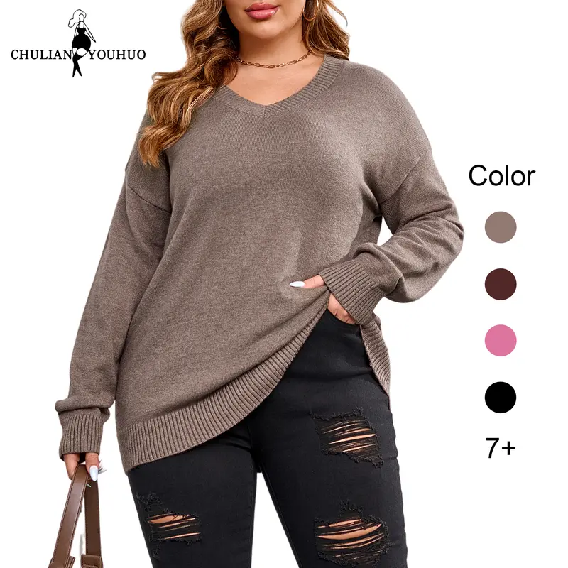 Sohochic 2026 Women's Plus Size (2XL) V-Neck Long-Sleeve Cable Knit Pullover - Simple, Solid, Minimalist, Lightweight, Soft, Loose-Fit Casual Basics Knitwear, Campus Style Clothes for Women (School, Shopping)