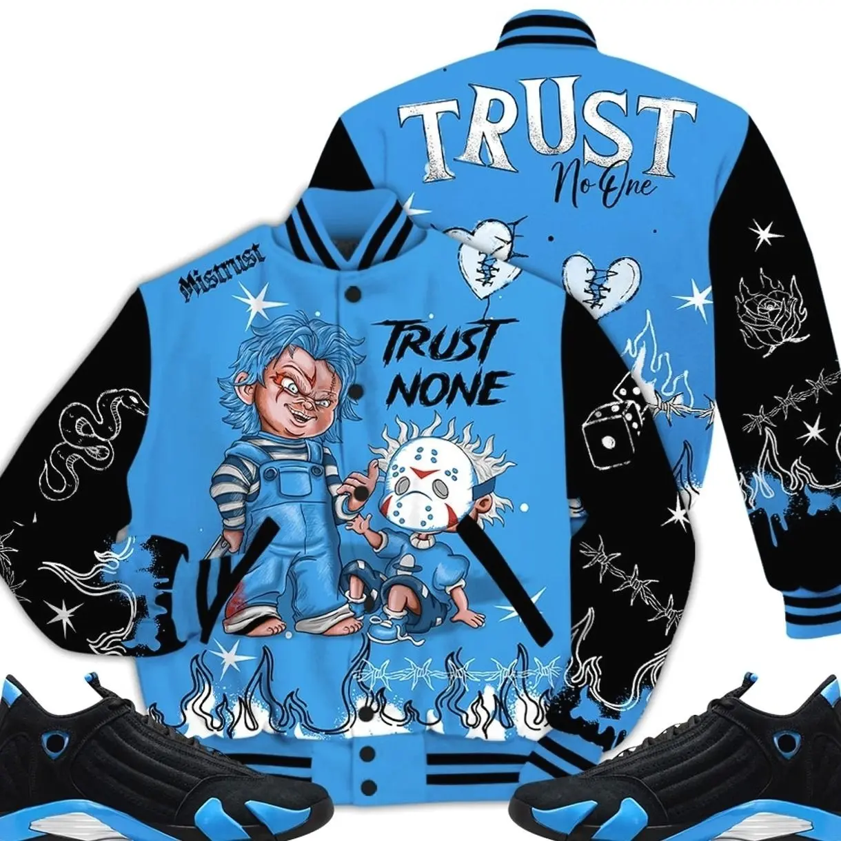 14 University Blue Outfits, Black University Blue 14s Varsity Jacket, Scary Trust No One Unisex T-Shirts To Match Sneakers Streetwear