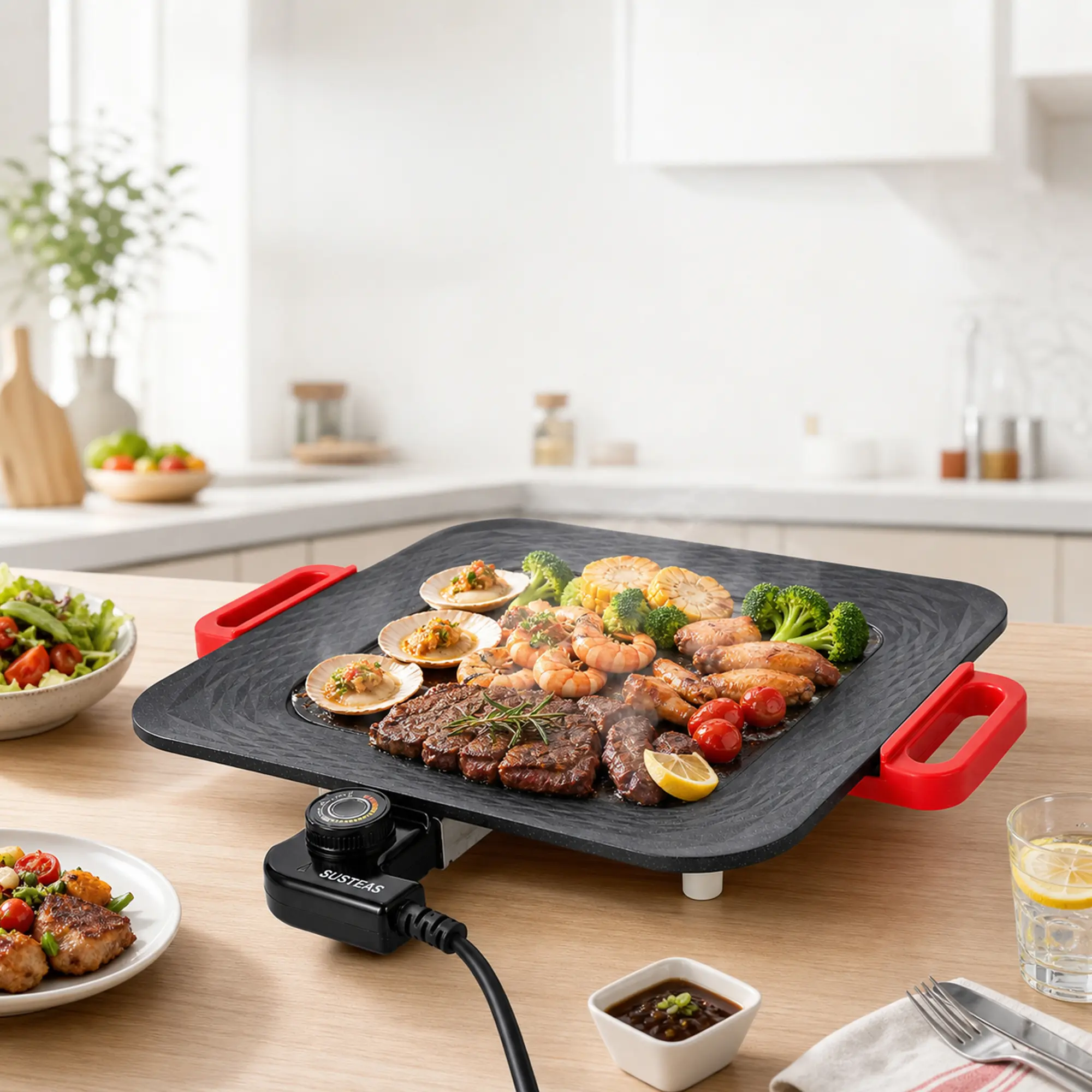 SUSTEAS Large Nonstick Tabletop Electric Griddle, Teppanyaki Grill with Removable Temperature Controller, Dual-Zone Fast & Low Heat Settings, Spacious Cooking Surface for Family Meals & Indoor Home BBQ
