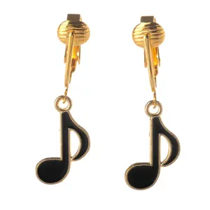 Gold Music Note Clip On Dangling Earrings