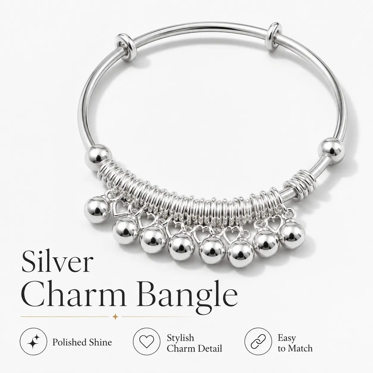 Bangle Silver Heart Charm Open Cuff Bead Polished Stylish Lightweight Feminine Summer Gift for Women Girls Daily Wear Special Occasion Perfect Accessory