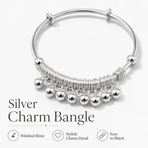 Bangle Silver Heart Charm Open Cuff Bead Polished Stylish Lightweight Feminine Summer Gift for Women Girls Daily Wear Special Occasion Perfect Accessory