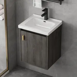16'' Bathroom Vanity with Sink Combo, Wall Mounted Small Bathroom Vanity with Soft-Close Door Modern Floating Cabinet, Pop-up Drain, P-Trap Included, GreyWalnut(No Faucet)