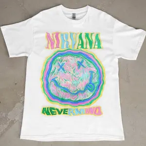 Nirvana T-Shirt - White Crew Neck Short Sleeve with "Nevermind" Design, Casual Style for Men and Women